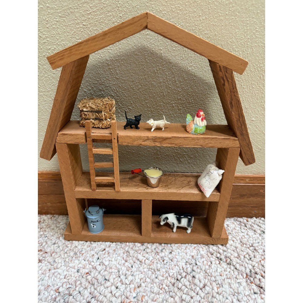 Handcrafted Wooden Barn Shadow Box Shelf with Miniature Farm Animals and Decor
